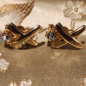 Vintage Gold Earrings with Crystal Accents Clip Ons